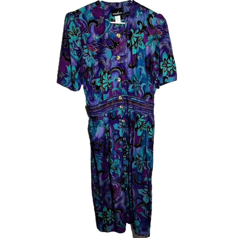 Vintage Positive Attitude Midi Dress 80s Short Sleeve Button Floral Purple 14